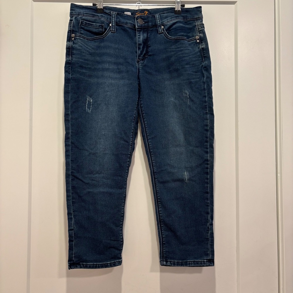 Seven7 Girlfriend Jeans Womens 6 Dark Wash Distressed Cropped Denim Blue 2214